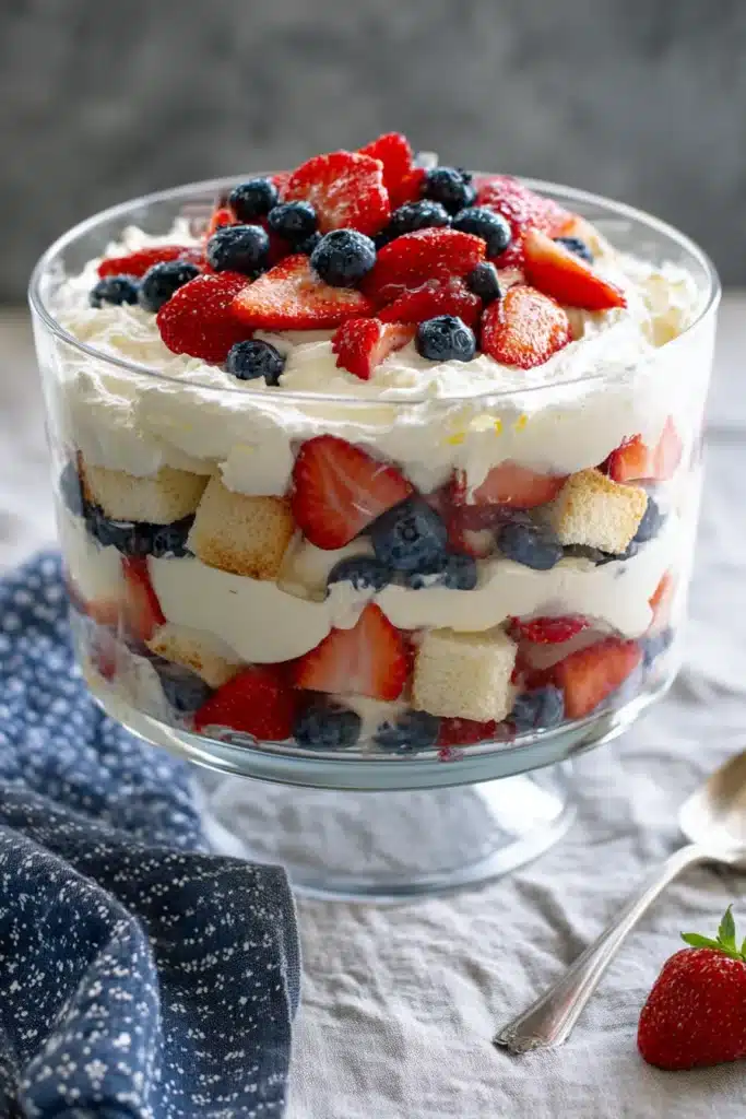 Patriotic trifle dessert with strawberries blueberries whipped cream and cake layers