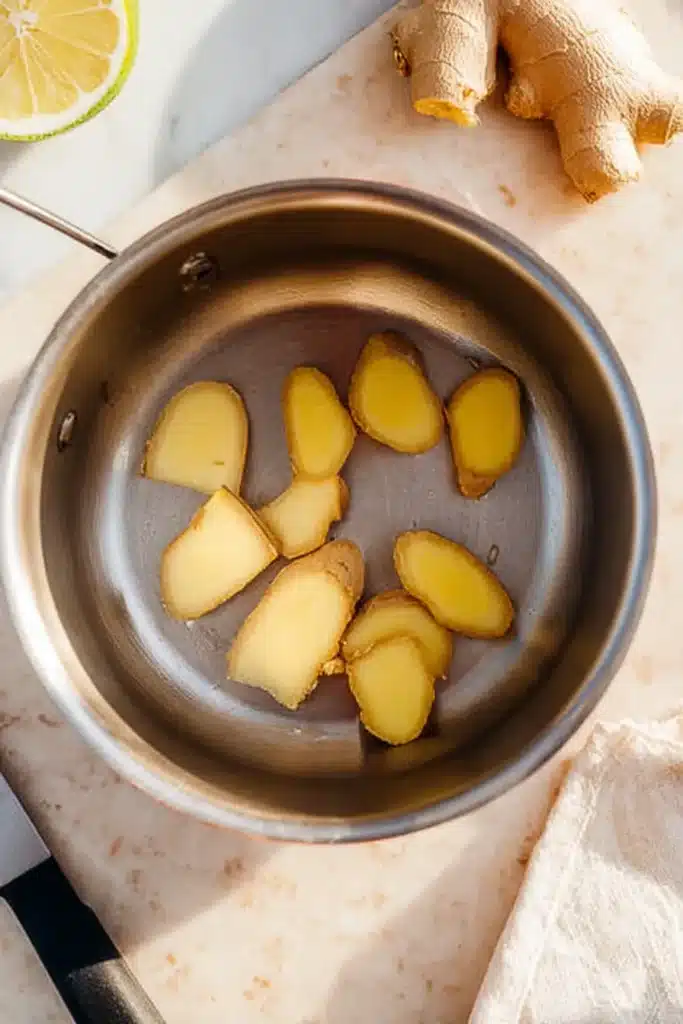 Ginger Tea Recipe for a Warm and Soothing Drink 3 Sliced ginger in saucepan for homemade Ginger Tea recipe