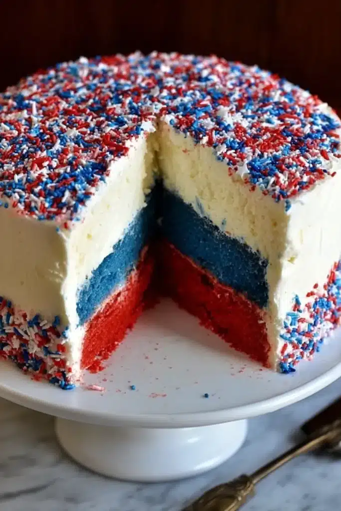Red White and Blue Cheesecake Cake 2 Red White and Blue Cheesecake Cake with patriotic sprinkles and layered cheesecake filling