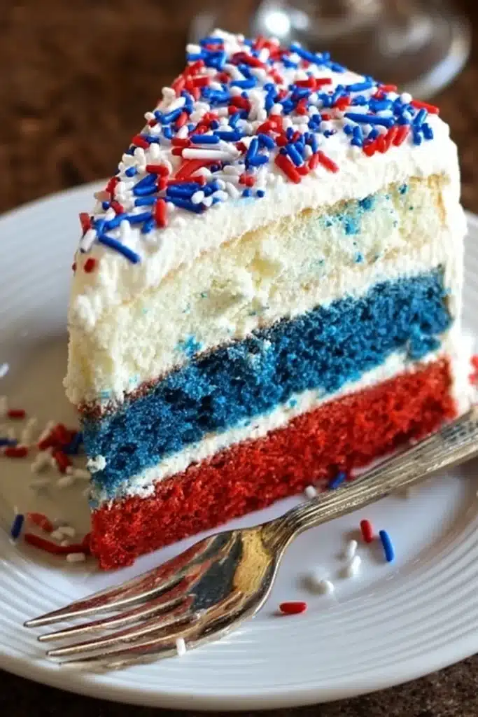 Red White and Blue Cheesecake Cake 1 Red White and Blue Cheesecake Cake slice with cream cheese frosting and patriotic sprinkles