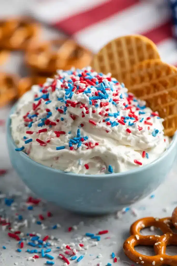 Red White and Blue Funfetti Dip 1 Red White and Blue Funfetti Dip topped with patriotic sprinkles and waffle cookies