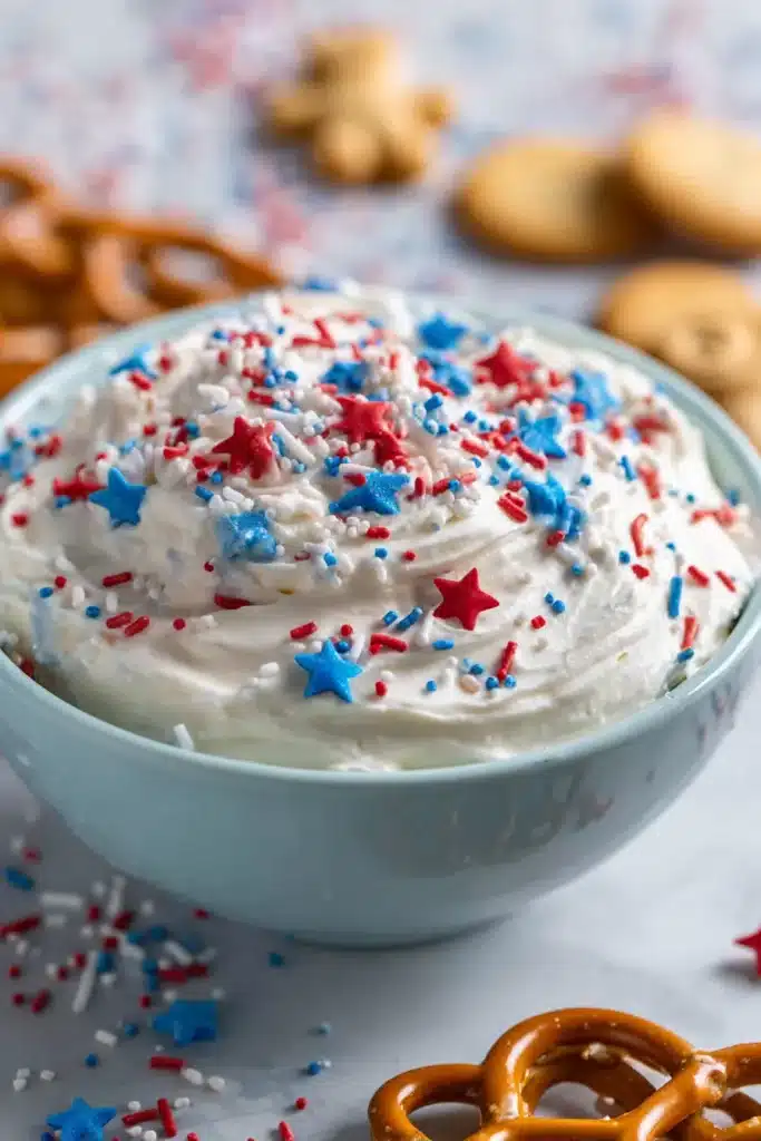 Red White and Blue Funfetti Dip 4 Red White and Blue Funfetti Dip with patriotic sprinkles and cookies