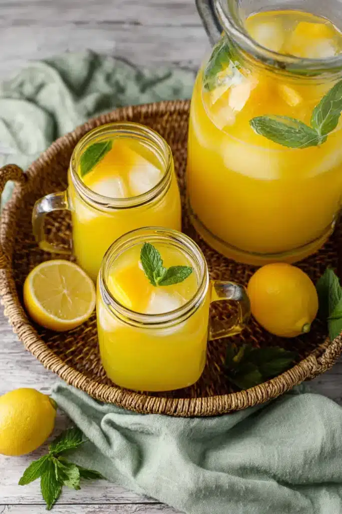 Refreshing Homemade Mango Lemonade served with mint and ice