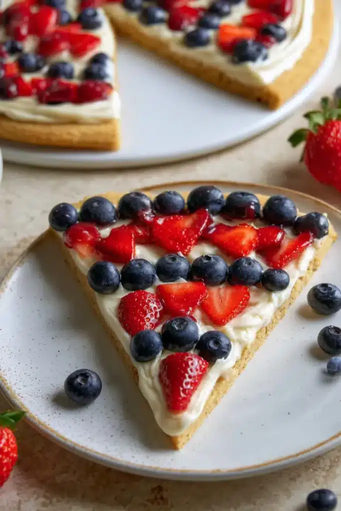 4th of July Fruit Pizza 5 Slice of 4th of July Fruit Pizza with fresh berries and cream cheese frosting