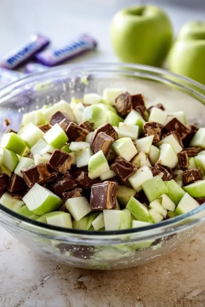 Snickers Salad apples and candy bars in a bowl