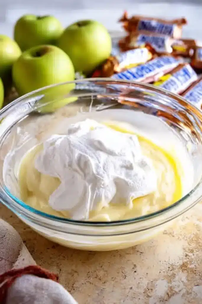 Snickers Salad pudding mixture with whipped topping