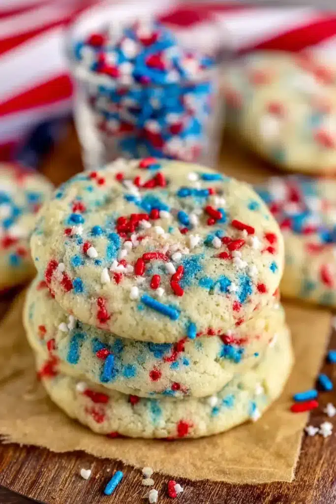 Soft 4th of July Sprinkle Cookies stacked with patriotic sprinkles