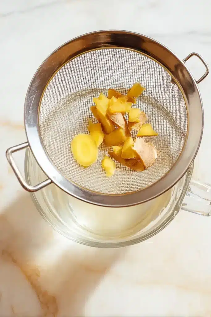 Ginger Tea Recipe for a Warm and Soothing Drink 4 Straining fresh Ginger Tea with cooked ginger slices