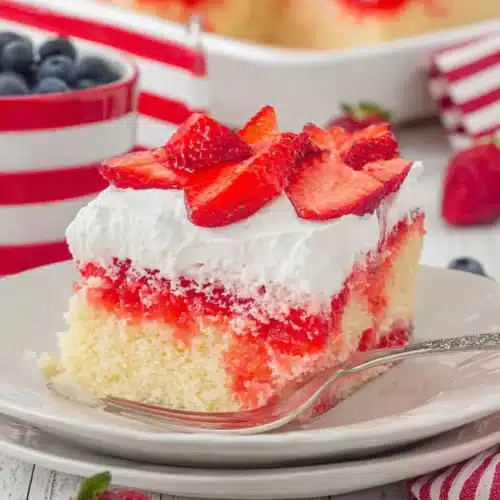 Strawberry Jello Flag Cake batter poured into baking pan