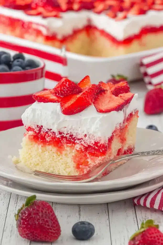 Strawberry Jello Flag Cake batter poured into baking pan