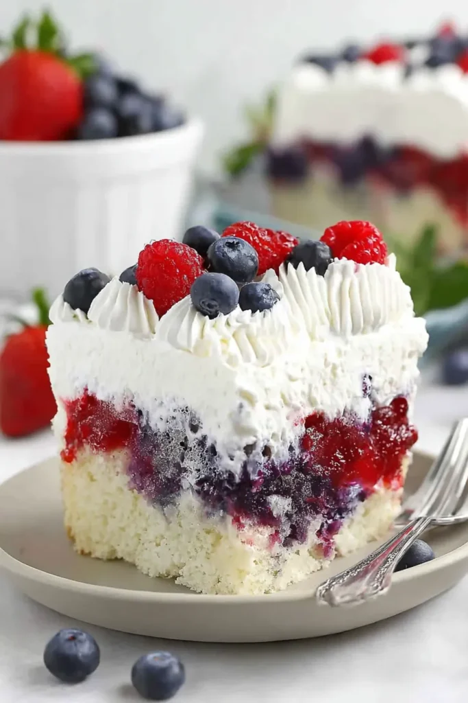Summer Berry Poke Cake with berries and creamy whipped topping