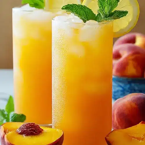 Tart Peach Lemonade with fresh peaches, lemon slices, mint, and ice