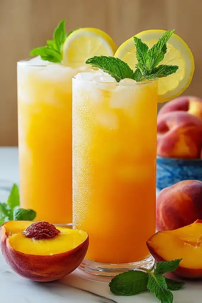Tart Peach Lemonade with fresh peaches, lemon slices, mint, and ice