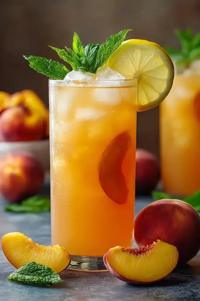 Tart Peach Lemonade with mint, lemon slices, and fresh peaches over ice
