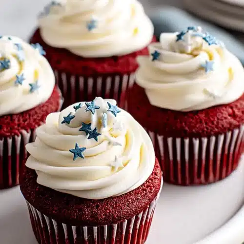 The Best Red Velvet Cupcakes 3 Red velvet cupcakes with cream cheese frosting and patriotic sprinkles