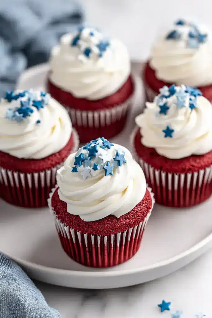 The Best Red Velvet Cupcakes 2 The Best Red Velvet Cupcakes with cream cheese frosting and blue sprinkles