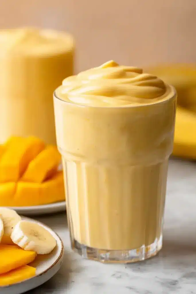 Thick Mango Coconut Milk Smoothie with creamy swirled texture in glass