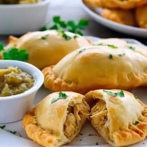 Unbaked chicken empanada sealed with fork on floured surface
