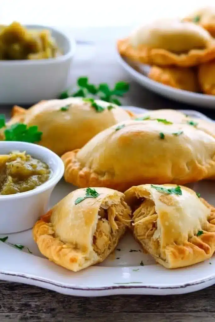 Unbaked chicken empanada sealed with fork on floured surface