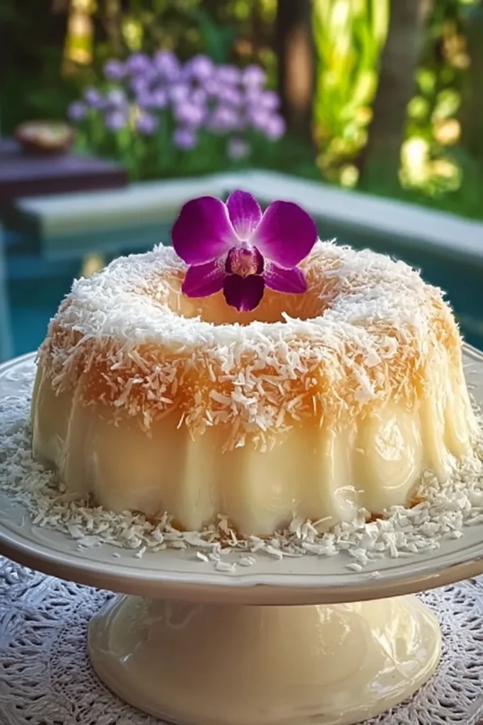 Catch a Husband Cake topped with shredded coconut and orchid garnish