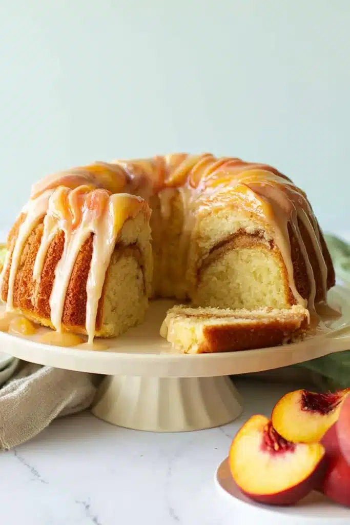 Peach cobbler pound cake with glaze on a cake stand and fresh peaches