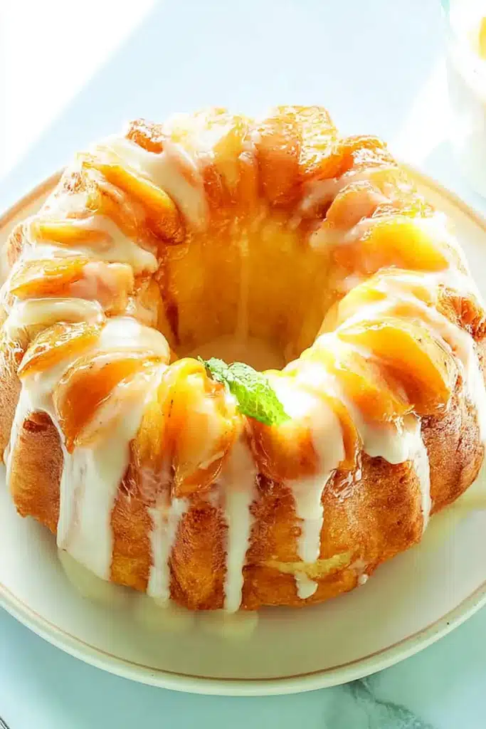Peach Cobbler Pound Cake with glaze and fresh peach topping top view