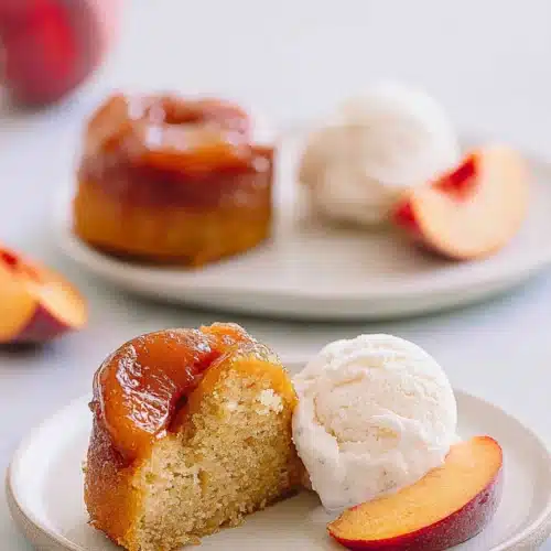 Peach upside down mini cakes served with ice cream and fresh peach slices