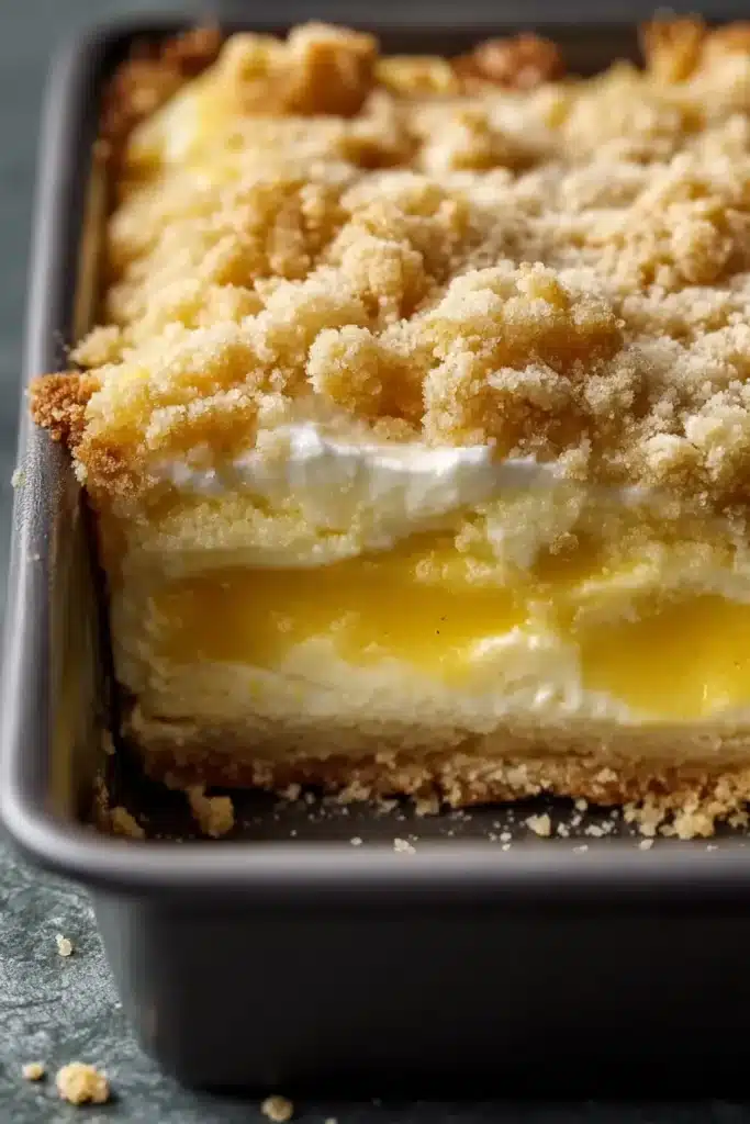 Baked Lemon Cream Cheese Dump Cake with lemon layers and crumb topping