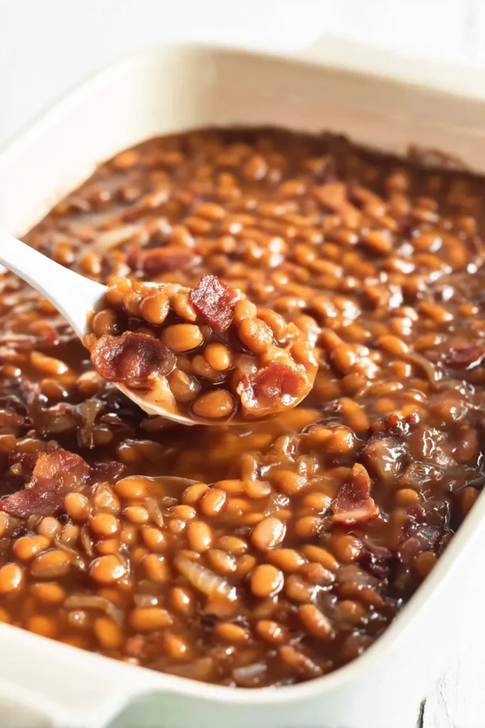 BBQ Baked Beans 4 BBQ Baked Beans served with a spoon from a casserole dish