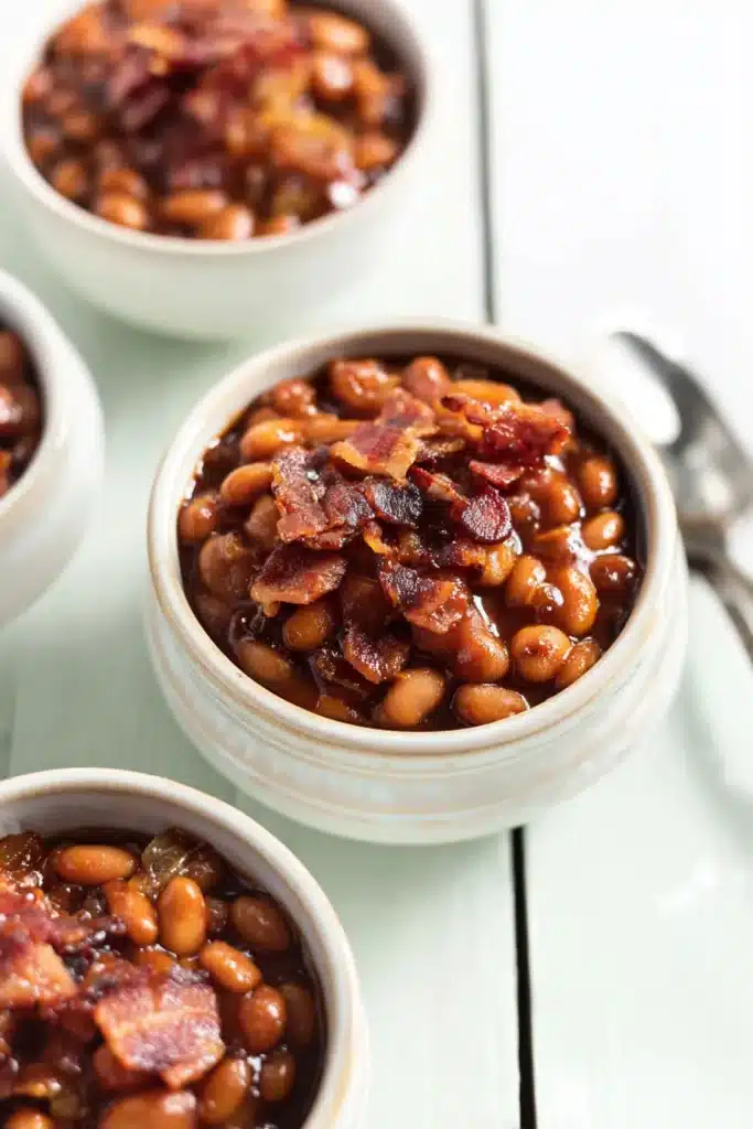 BBQ Baked Beans 1 BBQ baked beans with crispy bacon in stoneware bowls