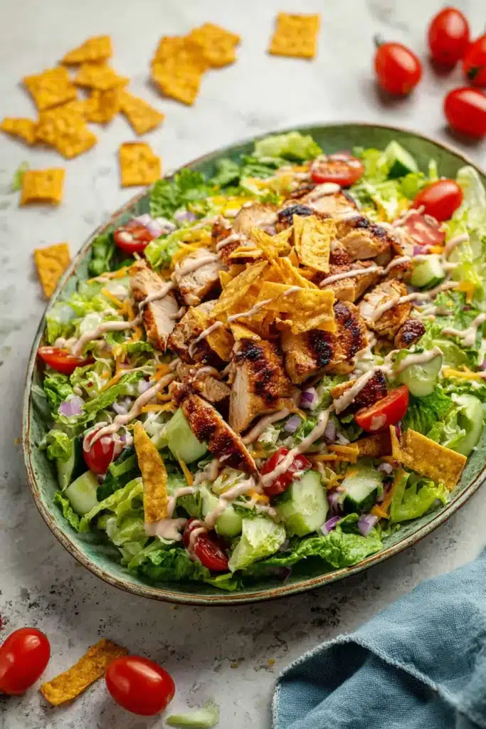 BBQ Chicken Salad with grilled chicken, tortilla strips, fresh vegetables, and BBQ ranch dressing