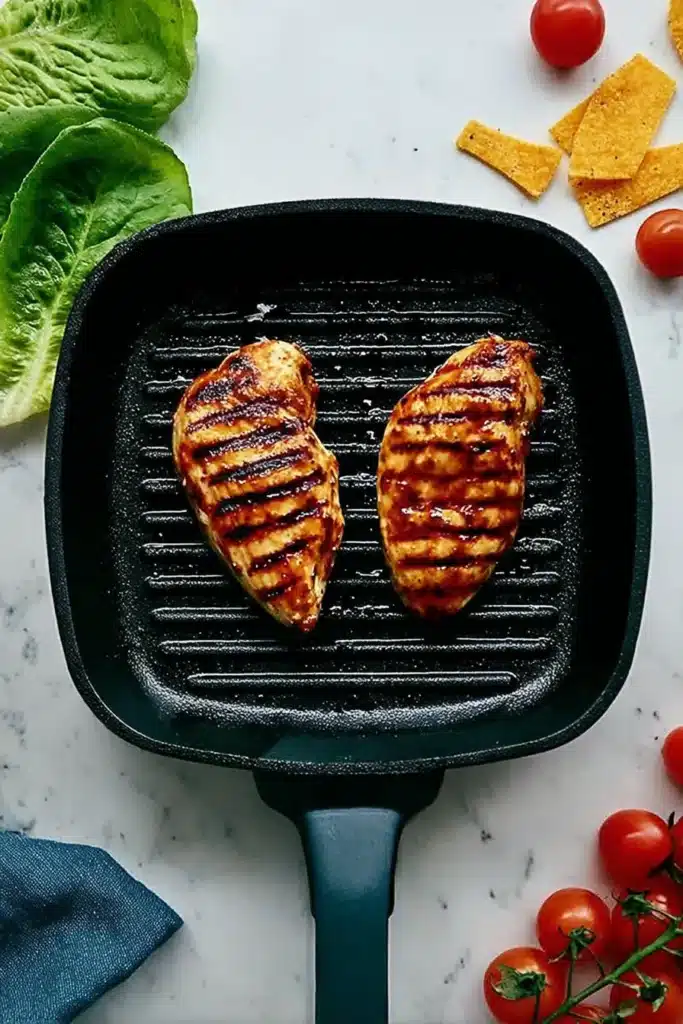BBQ Chicken Salad grilled chicken cooking with charred grill marks