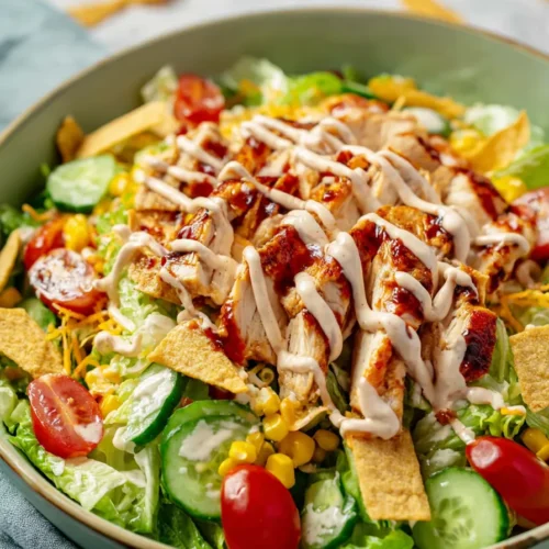 BBQ chicken salad with grilled chicken, fresh vegetables, BBQ ranch, and tortilla strips