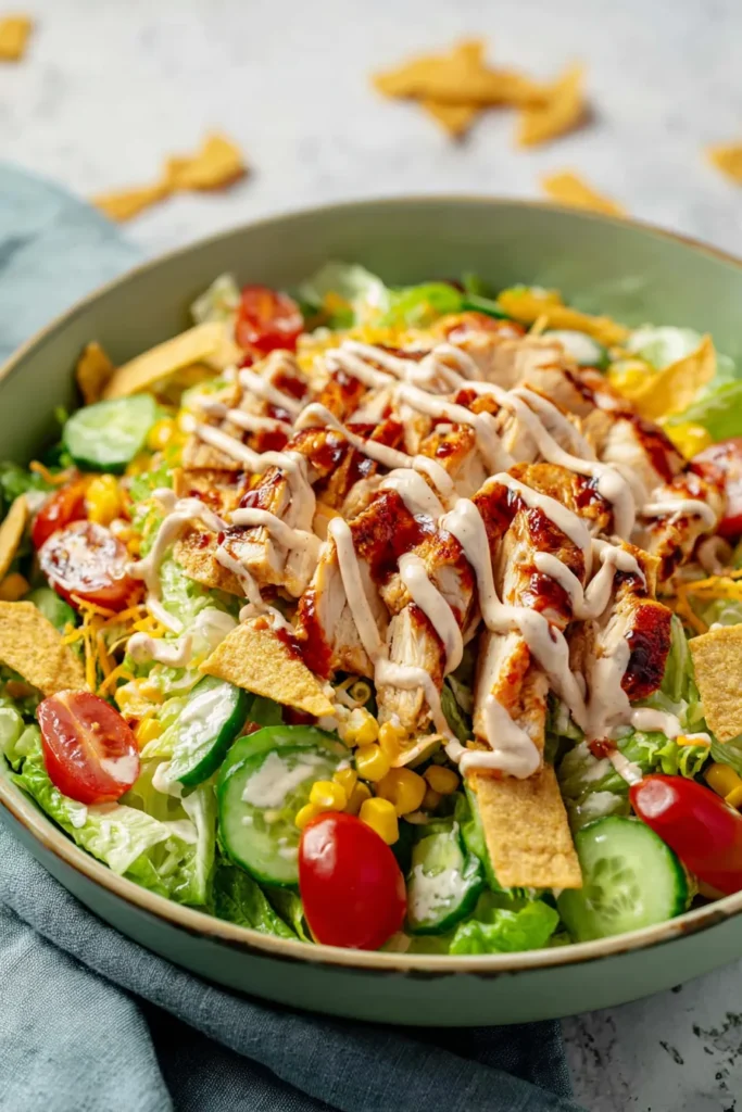 BBQ chicken salad with grilled chicken, fresh vegetables, BBQ ranch, and tortilla strips