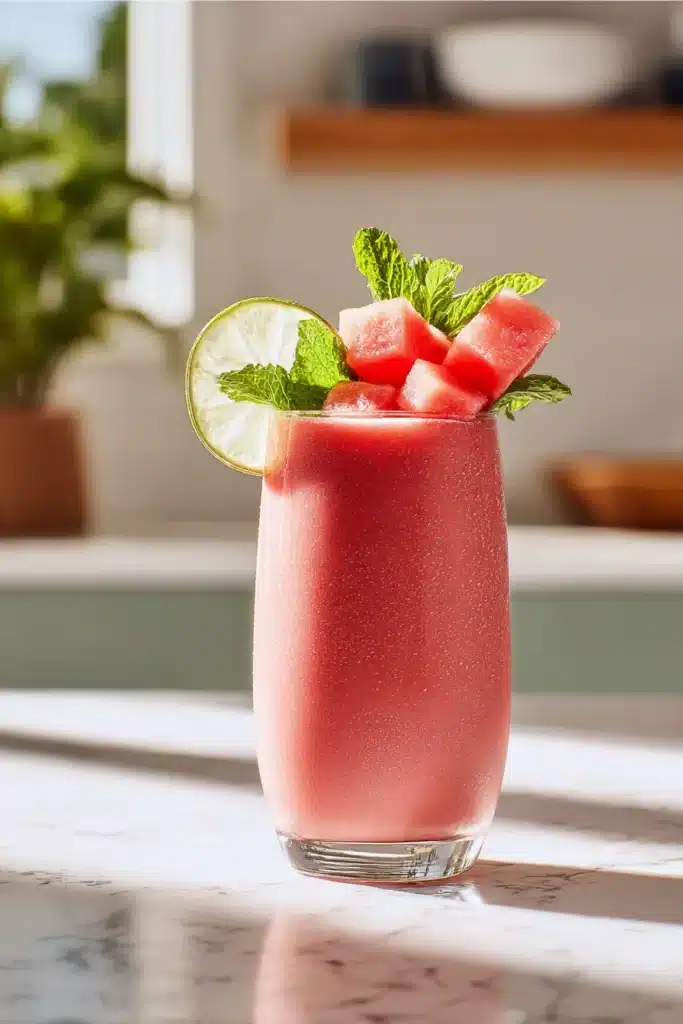 Fresh ingredients for a Watermelon Smoothie beside a blender