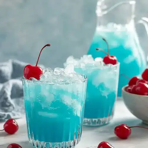 Blue Hawaiian Lemonade 3 Blue Hawaiian Lemonade with ice and cherries for a festive summer party