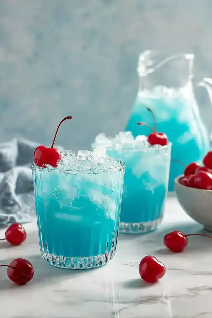 Blue Hawaiian Lemonade 1 Blue Hawaiian Lemonade with ice and cherries for a festive summer party