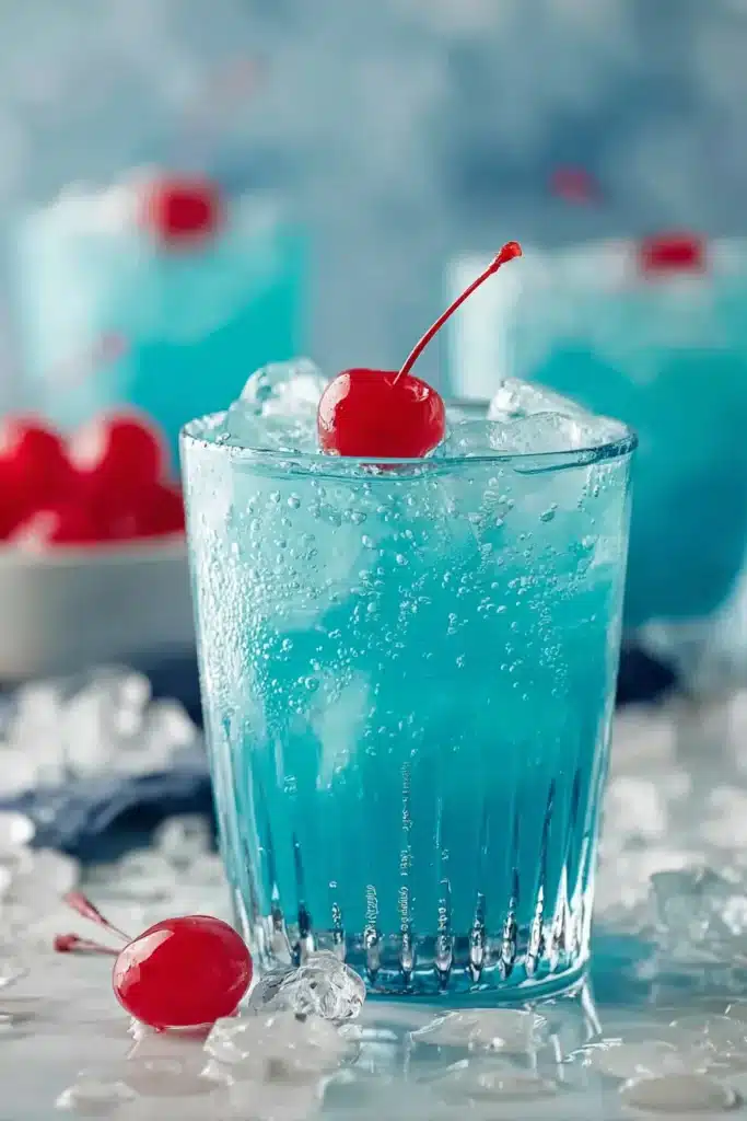 Blue Hawaiian Lemonade 2 Blue Hawaiian Lemonade with ice cubes and cherry garnish