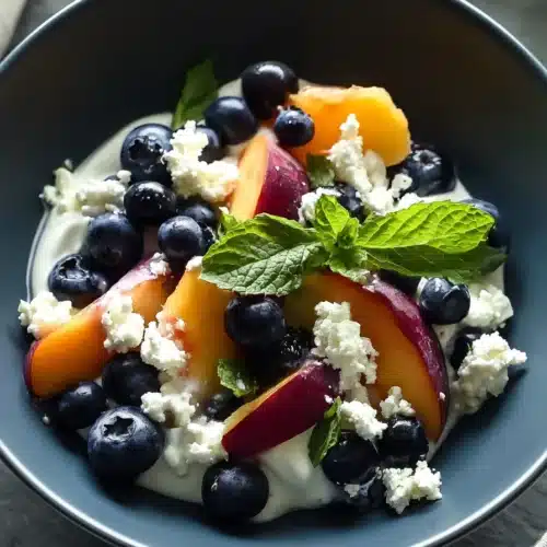 Blueberry Peach Feta Salad with fresh peaches, blueberries, feta cheese, and herbs