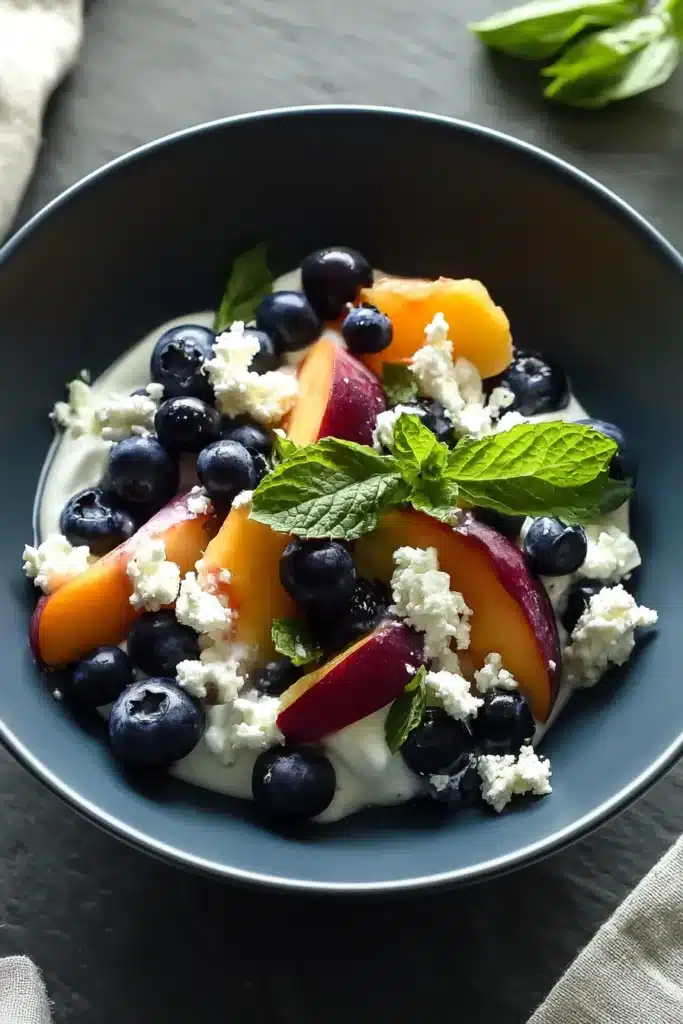 Blueberry Peach Feta Salad with fresh peaches, blueberries, feta cheese, and herbs