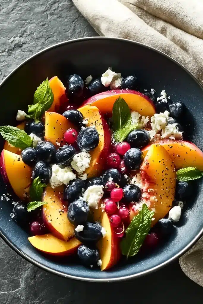 Blueberry Peach Feta Salad in a black bowl with peaches blueberries and feta