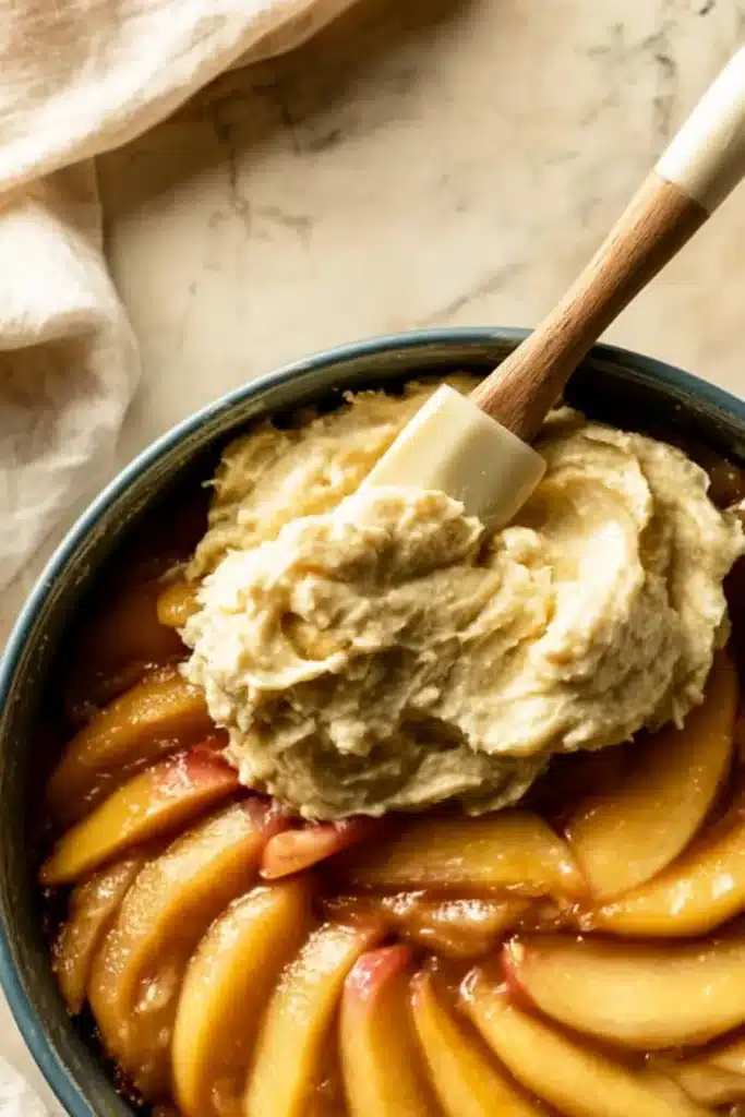 Bourbon Peach Upside Down Cake 4 Bourbon peach upside down cake batter spread over peaches