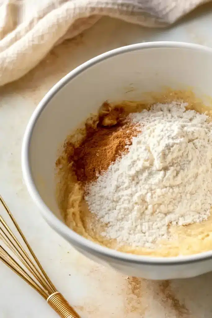 Bourbon Peach Upside Down Cake 3 Bourbon peach upside down cake batter with flour and cinnamon