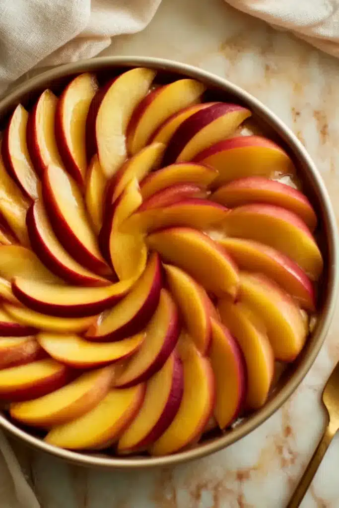 Bourbon Peach Upside Down Cake 2 Bourbon peach upside down cake peaches arranged in a cake pan