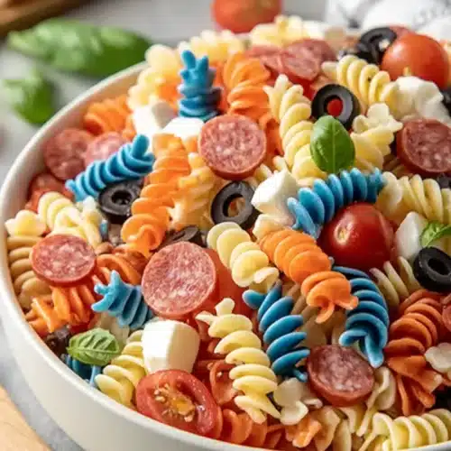 Chilled 4th of July Pasta Salad 3 Chilled 4th of July Pasta Salad with red white and blue rotini, mozzarella, olives, and pepperoni