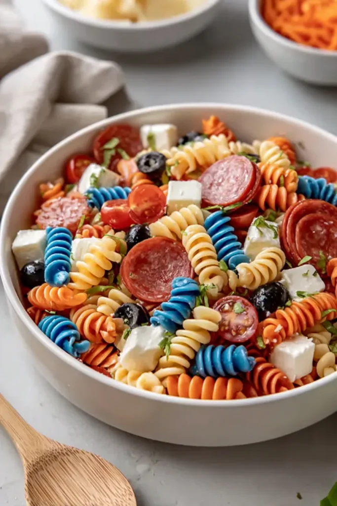 Chilled 4th of July Pasta Salad 2 Chilled 4th of July Pasta Salad ingredients with colorful pasta, mozzarella, olives, and pepperoni
