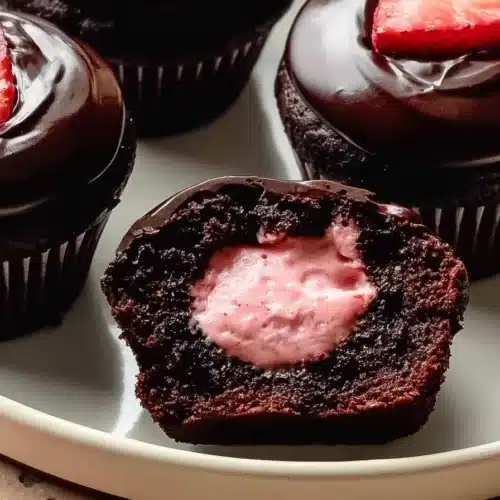 Strawberry Cupcakes 8 Chocolate strawberry cupcakes with glossy ganache and strawberry cream filling