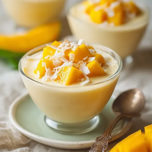 Coconut Mango Pudding 3 Coconut Mango Pudding topped with fresh mango and coconut flakes