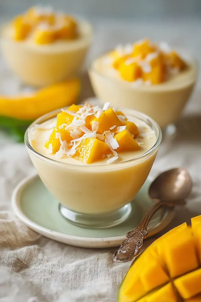Coconut Mango Pudding 1 Coconut Mango Pudding topped with fresh mango and coconut flakes