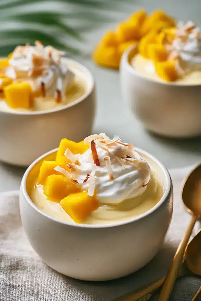 Coconut Mango Pudding 2 Coconut Mango Pudding topped with whipped coconut cream and mango cubes